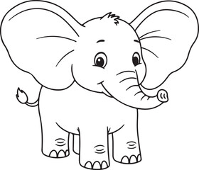 Fototapeta premium Standing cartoon elephant with big ears and small tail, outlined in black and white, Adobe Illustrator Artwork
