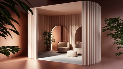 Pink archway seating area with plants;  modern interior design display