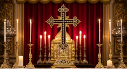 Fototapeta premium Ornate Golden Altar Cross with Candles - A majestic golden cross, adorned with jewels, stands on an altar, surrounded by lit candles. It symbolizes faith, hope, sacrifice, divinity, and devotion