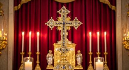 Obraz premium Ornate Golden Cross Altarpiece - A beautiful ornate golden cross stands on an altar, lit by candles, against a rich red curtain backdrop. Spiritual, religious, faith