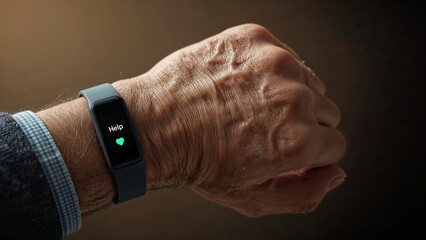 Close up of senior man's hand with smart watch displaying help message and heart rate icon feature