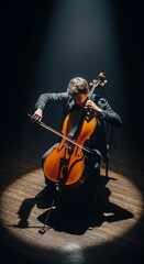 Cellist in Spotlight: Intense Performance on Wooden Stage