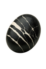 Polished Black Egg-Shaped Stone with White Veins on Black Background