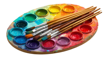 Colorful Paint Palette with Vibrant Paints and Brushes for Art, isolated on white background