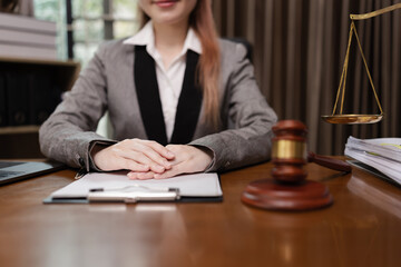 Lawyer Female Look at Camera with Hammer with Document Paper Sitting at The Table, Law, Justice...