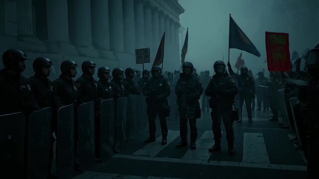 Tense Urban Protest Scene With Riot Police Wall Against Shadowy Demonstrators in Low Light

