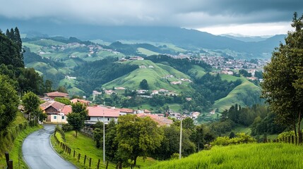 Panoramic view of a quaint village nestled in rolling green hills under a dramatic sky.  A winding road leads towards the village, surrounded by lush vegetation
