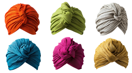 Colorful Turbans in Various Styles and Textures for Fashion Showcase, isolated on transparent background