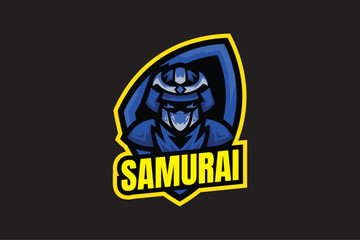 Samurai gaming vector logo in blue shades with bold yellow text on black background, perfect for teams and streaming identities