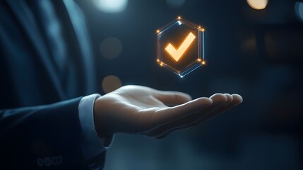 Hand with glowing check symbol in dark background for approval concept