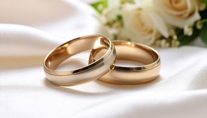Close-up of a couple's golden wedding rings placed on white fabric, symbolizing marriage and commitment.
