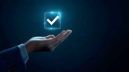 Hand Reaching for Digital Checkmark Icon with Blue Background