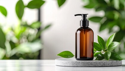 Amber Glass Pump Bottle on Stone Bathroom Counter with Leaf Decor