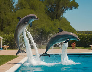 A young boy joyfully interacts with a beautiful dolphin while swimming in a bright blue pool on a sunny day, creating unforgettable memories and a unique bond with marine life.  two dolphins jumping.