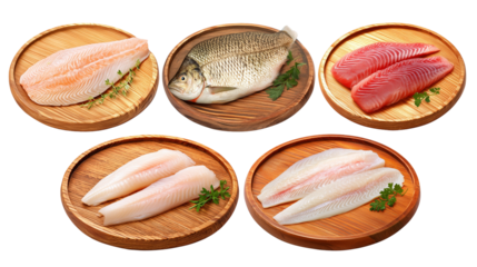Fresh Fish Fillets on Wooden Plates, PNG collection, set bundle, isolate on transparent background