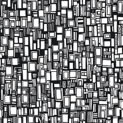 Abstract geometric black and white pattern with a complex grid of interlocking rectangles creating a modern, minimalist design ideal for backgrounds and artistic projects.