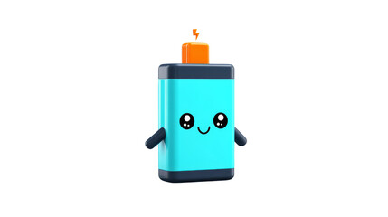 Obraz premium Cute cyan battery character displays an orange lightning bolt on a transparent background. 
