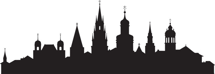 Obraz premium Cityscape Silhouette Vector Illustration European Architecture Buildings Towers Churches Cathedrals
