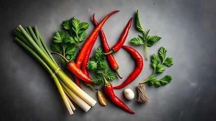 Top view of Asian cuisine ingredients arranged on stone texture with warm lighting.