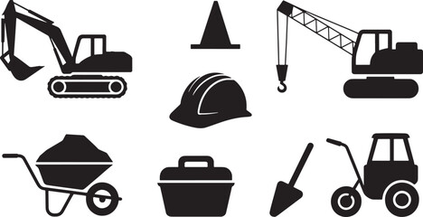 Construction Site Icons Set Black Silhouette on Transparent Background Excavator Crane Helmet Wheelbarrow