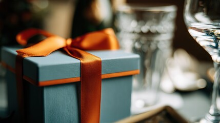 A blue gift box with an orange ribbon sits on a table, adorned with a small pink bow, against a blurred room background creating warmth, capturing the moment of opening a surprise birthday present.