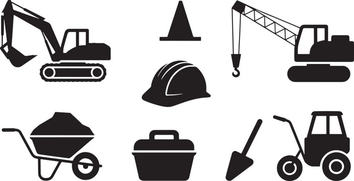 Construction Site Icons Set Black Silhouette on Transparent Background Excavator Crane Helmet Wheelbarrow