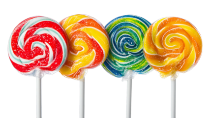 Colorful lollipops assortment, spiral candy with red, yellow, blue, and orange swirls, arranged on transparent background