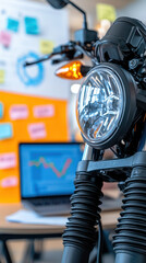 Motorcycle headlight focus with laptop displaying graphs background, creating dynamic workspace