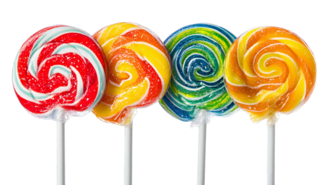 Colorful lollipops assortment, spiral candy with red, yellow, blue, and orange swirls, arranged on transparent background