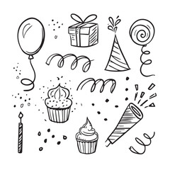 Festive birthday celebration elements hand-drawn doodle style black and white