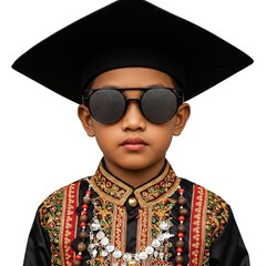 Young Indonesian boy in traditional boat racing attire with sunglasses