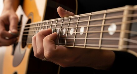 Acoustic Guitar Fretboard Close-Up: Hand Pressing Strings for Melodic Music