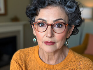 Mature woman with curly gray hair and glasses gazes thoughtfully camera, wearing cozy orange