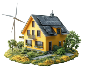 Eco-friendly home with solar panels and wind turbine green landscape view isolated on transparent background