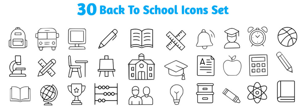 30 Back to School Vector Icons for Education, Apps, print use, vector, line icons, editable, outline, school and education 