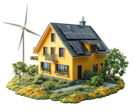 Eco-friendly home with solar panels and wind turbine green landscape view isolated on transparent background