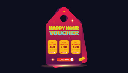 Happy Hour Voucher tag Pop up design with bold fonts and an attractive layout. Perfect for online promotions, discount campaigns, and e-commerce ads.