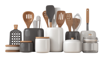 Kitchen Utensils and Tools in Stylish Containers for Cooking, PNG bundle collection, Isolated on white Background