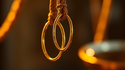 Golden rings hanging on a thick woven rope, highlighting their polished surfaces and warm glow.