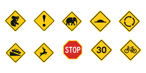 Road Traffic Signs Vector Set, Warning, Caution, Stop, Speed, and Animal Crossing
