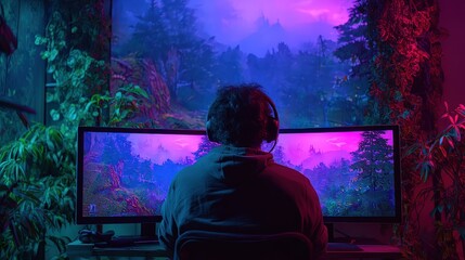 A person with headphones sits in front of dual monitors displaying a vibrant fantasy landscape, surrounded by lush plants and colorful ambient lighting.