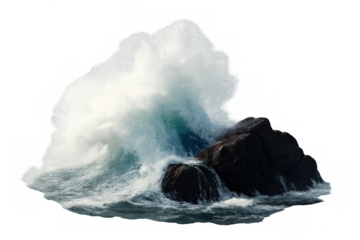 Turbulent seawater breaking against jagged coastal rocks, generating splashing white spray