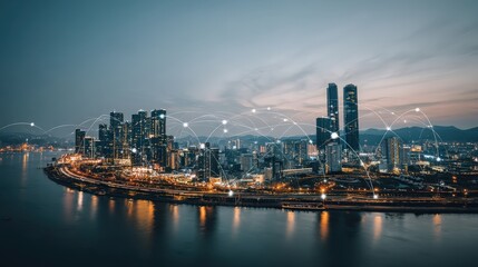 Obraz premium A futuristic cityscape at dusk with illuminated buildings and digital network connections visualized by glowing lines across the skyline.