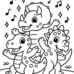 Obraz premium Cute Cartoon Dinosaurs Dancing with Music Notes - Happy Prehistoric Party Coloring Page