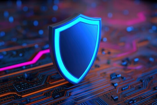 A glowing blue shield icon representing cybersecurity protection hovers over a dark circuit board with neon circuitry.