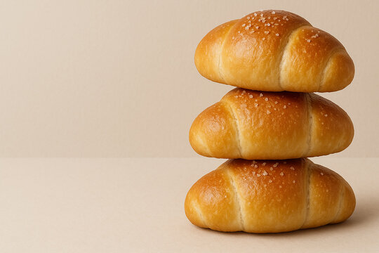 Three golden brown bread rolls (Shio pan) stacked vertically on the right side of a soft beige background. 