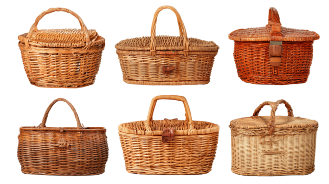 Variety of vintage woven picnic baskets isolated on white background