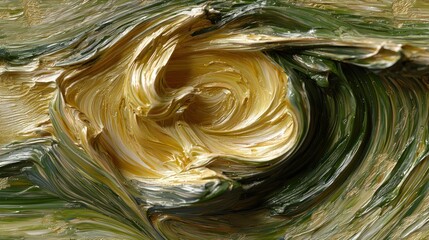 Abstract painting, swirling, impasto, golden, green, canvas texture, vibrant, close-up