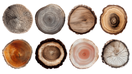 Various wood log cross sections isolated on white background