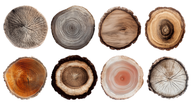 Various wood log cross sections isolated on white background